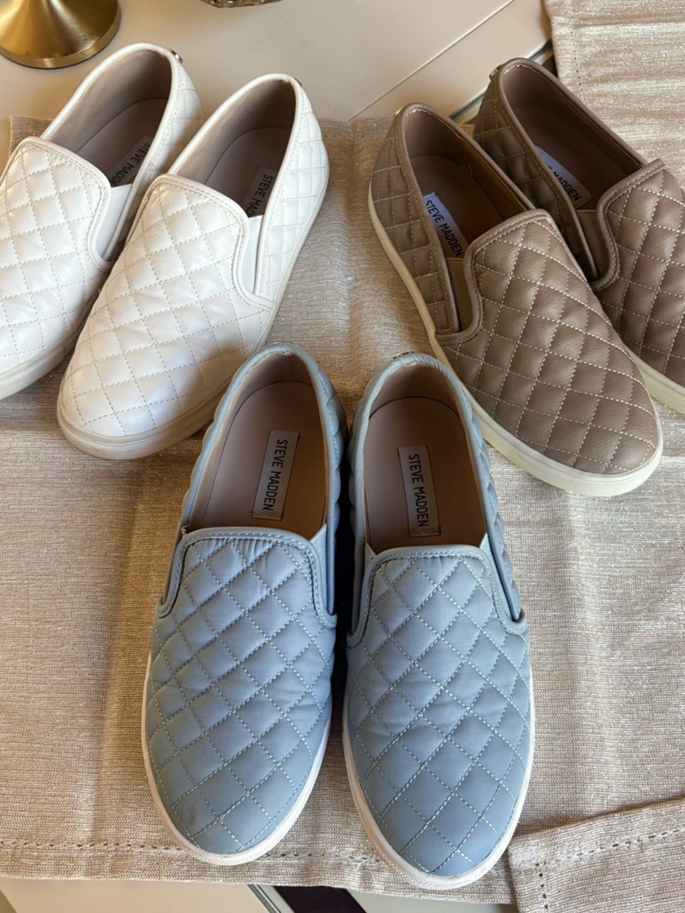 Steve Madden Quilted Slip-On Sneakers in White, Taupe, Light Blue
